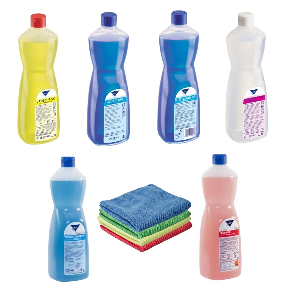 Zestaw środków do mycia obiektów asenowych: Kleen Orosept SC, Kleen Blue Kleen, Kleen Power Cleaner A, Kleen Orosept VK, Kleen Ultra Glasrein, Kleen Presticid i ścierka z mikrofibry