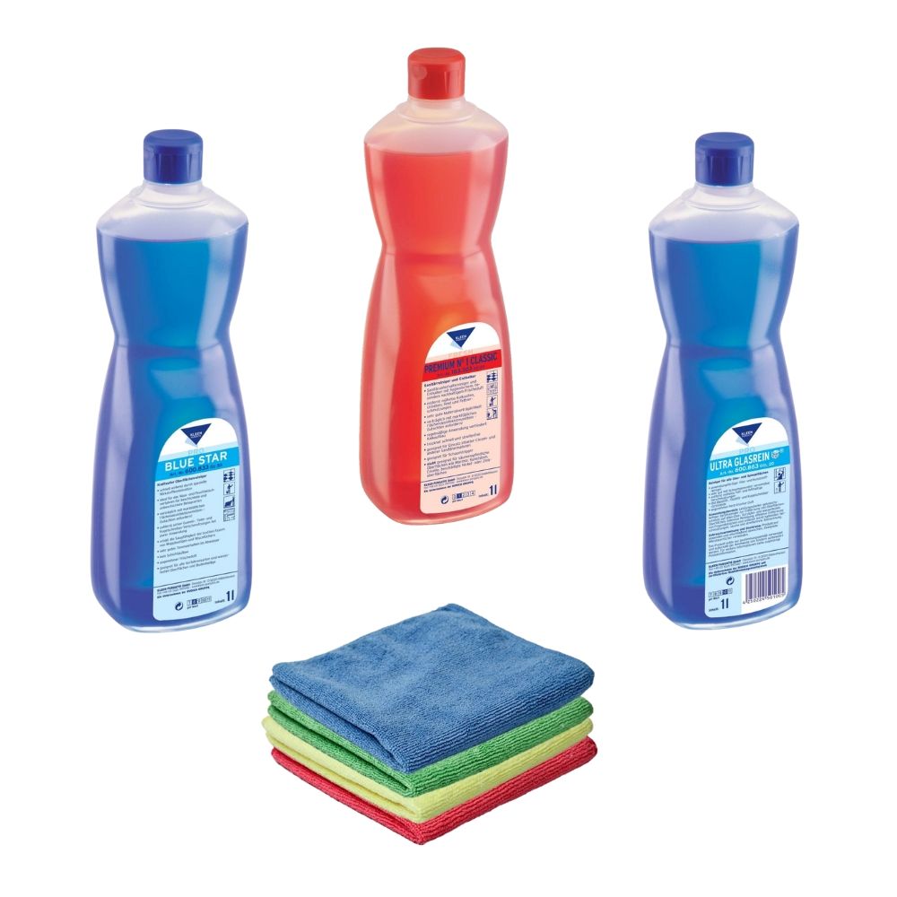 Zestaw do mycia sanitariatów: Kleen Premium Nr 1 Classic 1 l, Blue Kleen 1 l, Kleen Ultra Glasrein 1 l