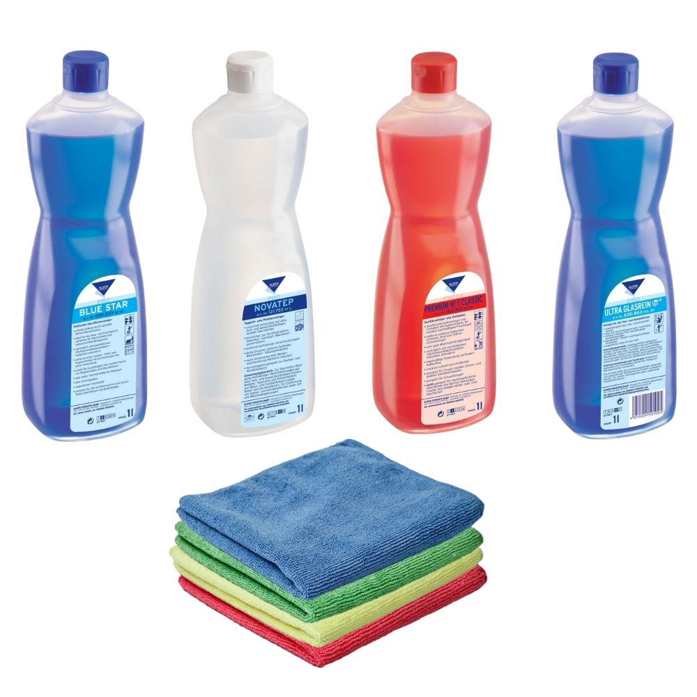 Zestaw środków do sprzątania hotelu: Kleen Blue Kleen 1 l, Kleen Nvatep 1 l, Kleen Premium Nr 1 Classic 1 l, Kleen Ultra Glasrein 1 l