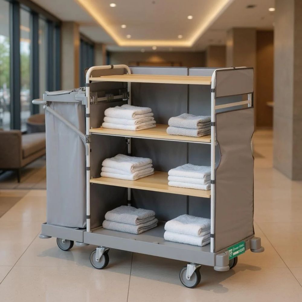 Wózek hotelowy na czystą i brudną pościel TTS GREEN HOTEL 920 w lobby hotelowym