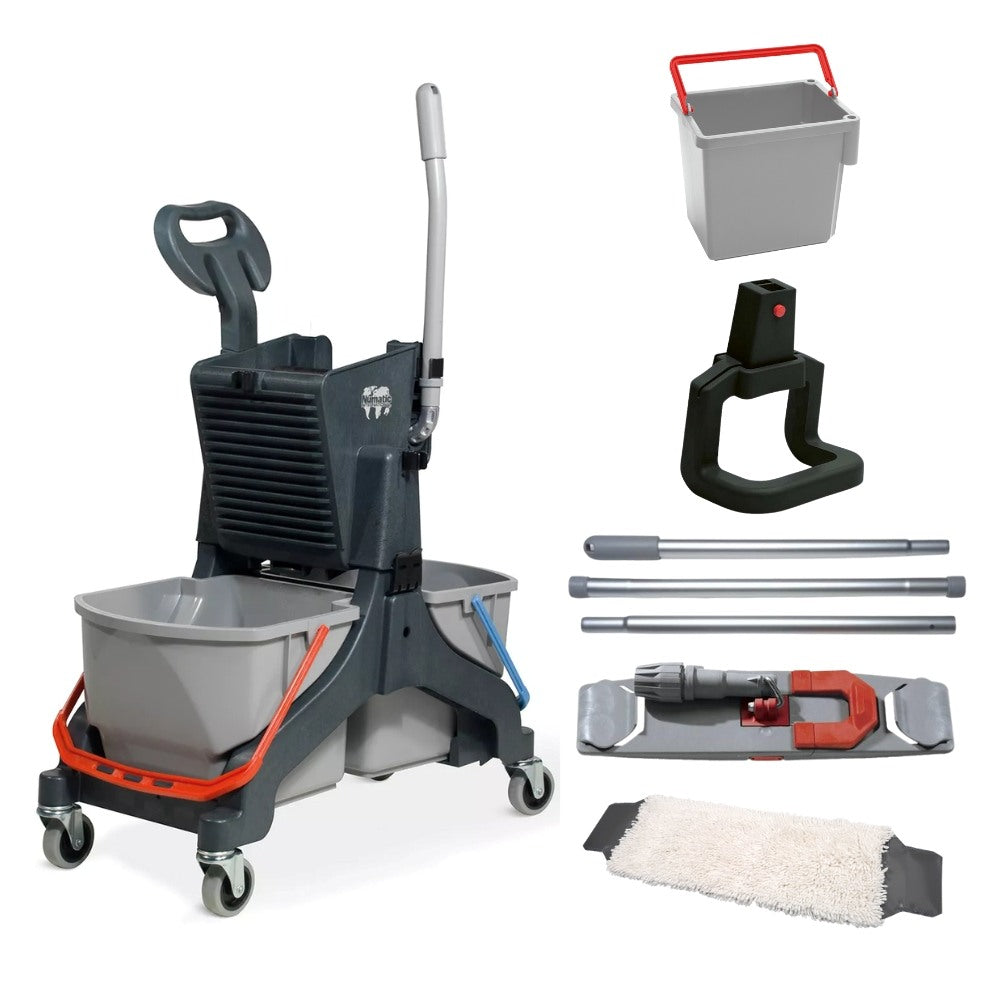 Wózek do czyszczenia podłóg dwuwiaderkowy Numatic MMB 1616K z podstawą na mop i wiaderkiem 5 l i kompletnym mopem płaskim z wkładem bawełnianym Numatic
