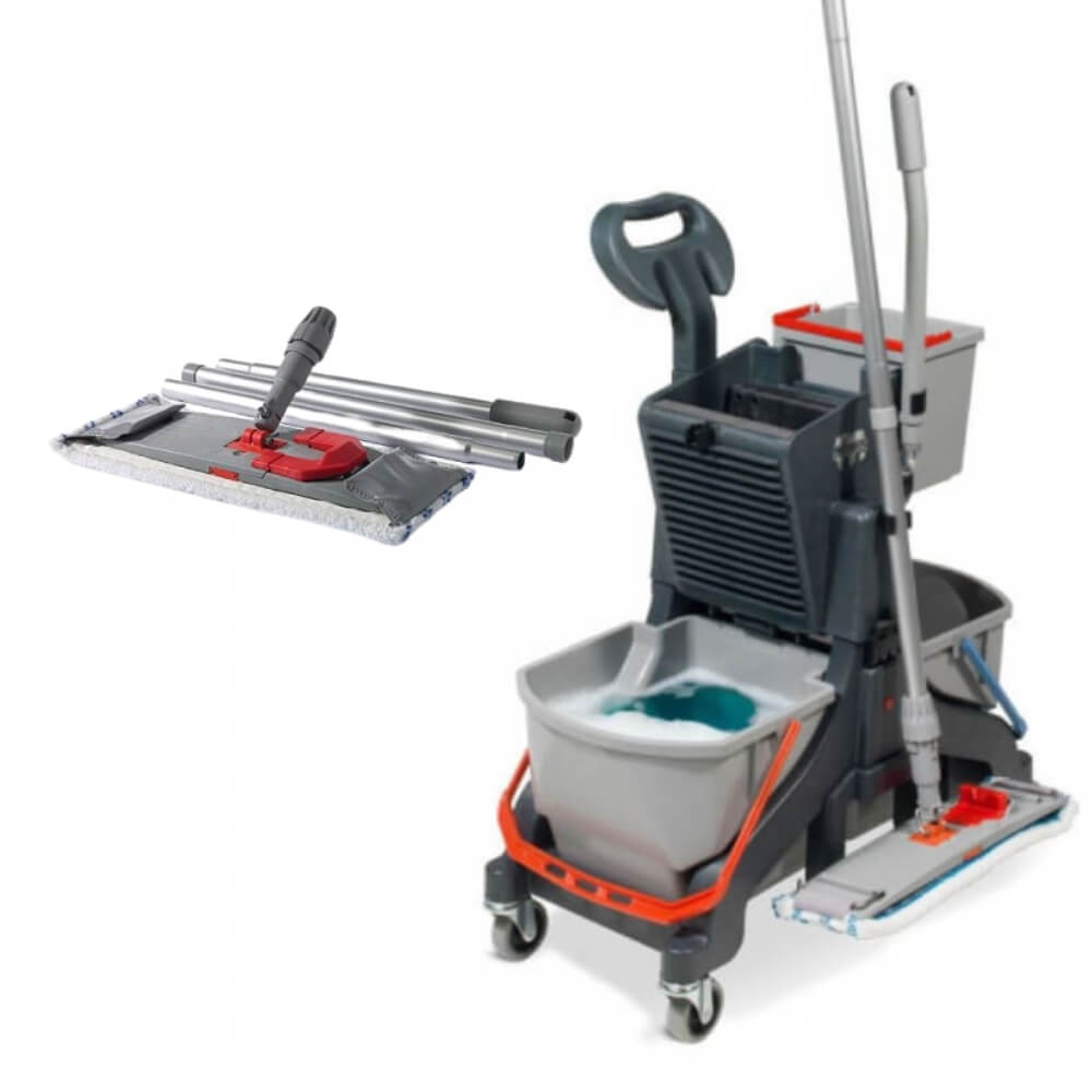 Wózek dwuwiaderkowy do mycia podłóg Numatic MMB 1616K wyposażony w kompletny mop płaski Numatic z bawełnianym wkładem