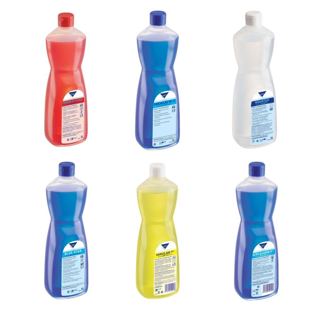 Zestaw środków czyszczących Kleen do każdej powierchni: Kleen Premium NR 1 Viskos 1 l, Kleen Premium Nr 3 1 l, Kleen Novatep 1 l, Blue Kleen 1 l, Kleen Vanulan 1 l, Kleen Ultra Glasrein 1 l