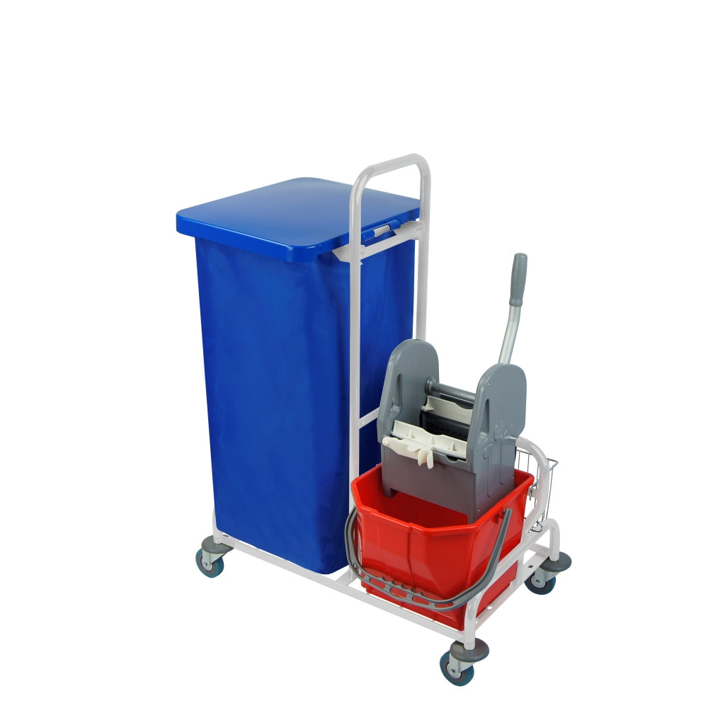Wózek do mycia podłóg z jednym wiaderkiem, wyciskarką szczękową do mopa, chwytem na worek z klapą i workiem EURO SERWIS 20