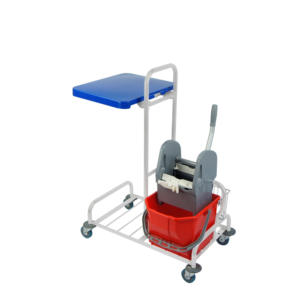 Wózek do mycia podłóg z jednym wiaderkiem, wyciskarką szczękową do mopa i uchwytem na worek z klapą EURO SERWIS 20