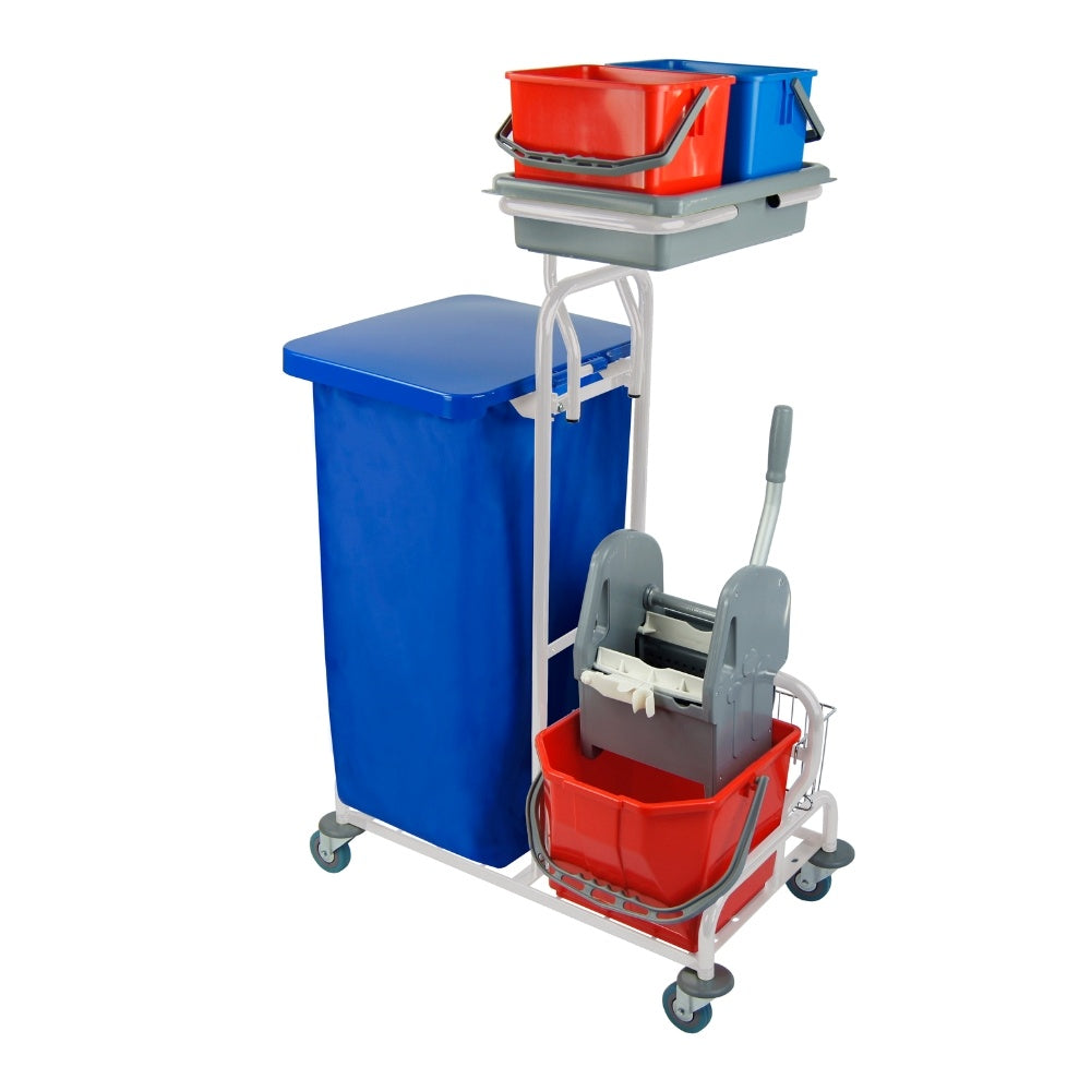 Wózek do mycia podłóg z jednym wiaderkiem, wyciskarką szczękową do mopa, chwytem na worek z klapą i workiem EURO SERWIS 21