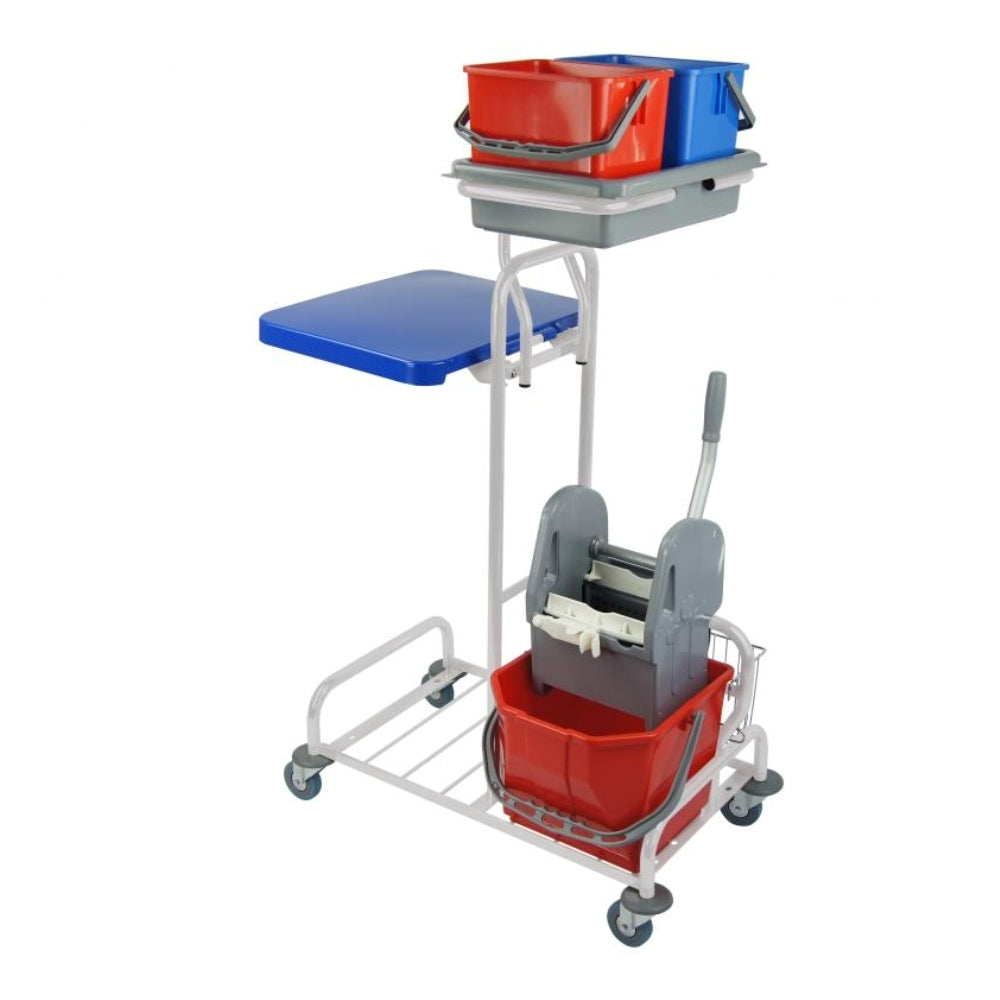 Wózek do mycia podłóg z jednym wiaderkiem, wyciskarką szczękową do mopa i uchwytem na worek z klapą EURO SERWIS 21