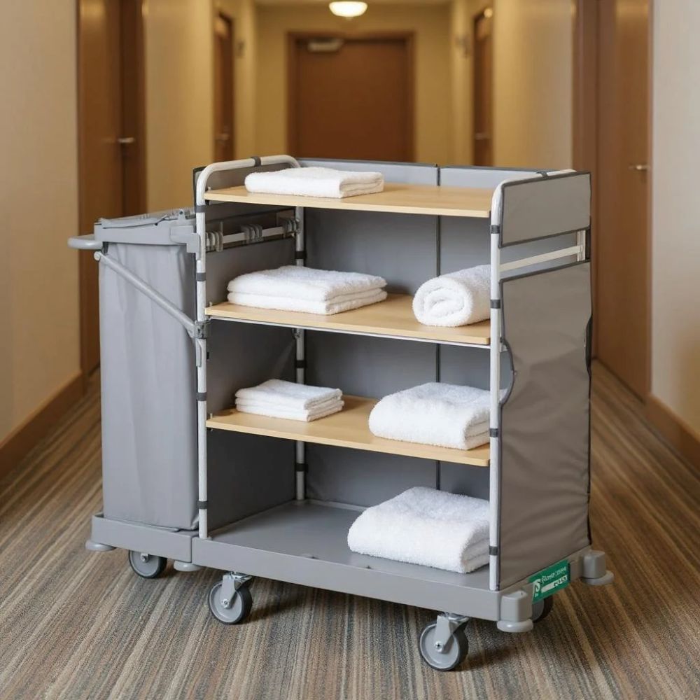 Wózek hotelowy na czystą i brudną pościel TTS GREEN HOTEL 920 w korytarzu hotelowym