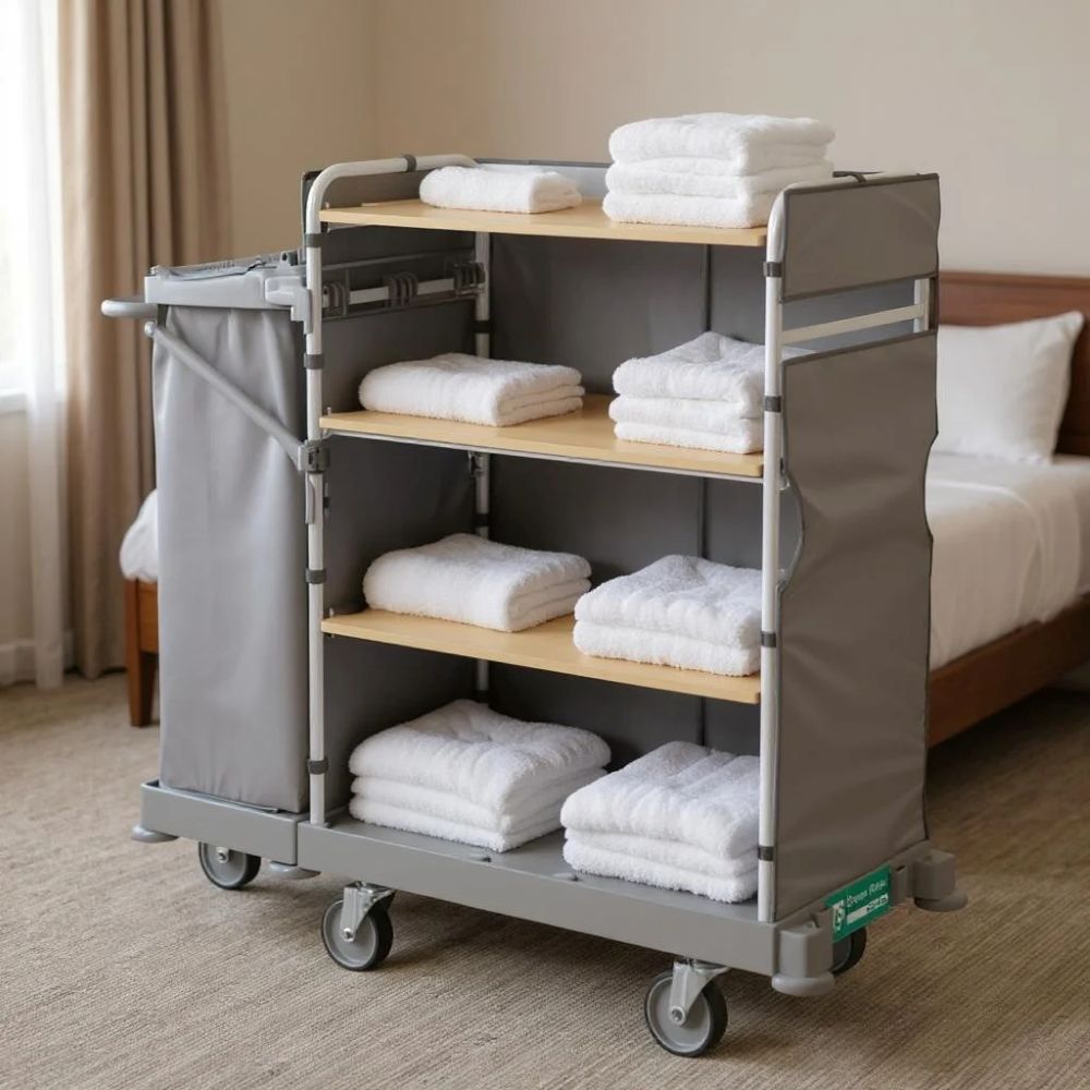 Wózek hotelowy na czystą i brudną pościel TTS GREEN HOTEL 920 w pokoju hotelowym