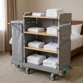 Wózek hotelowy na czystą i brudną pościel TTS GREEN HOTEL 920 w pokoju hotelowym