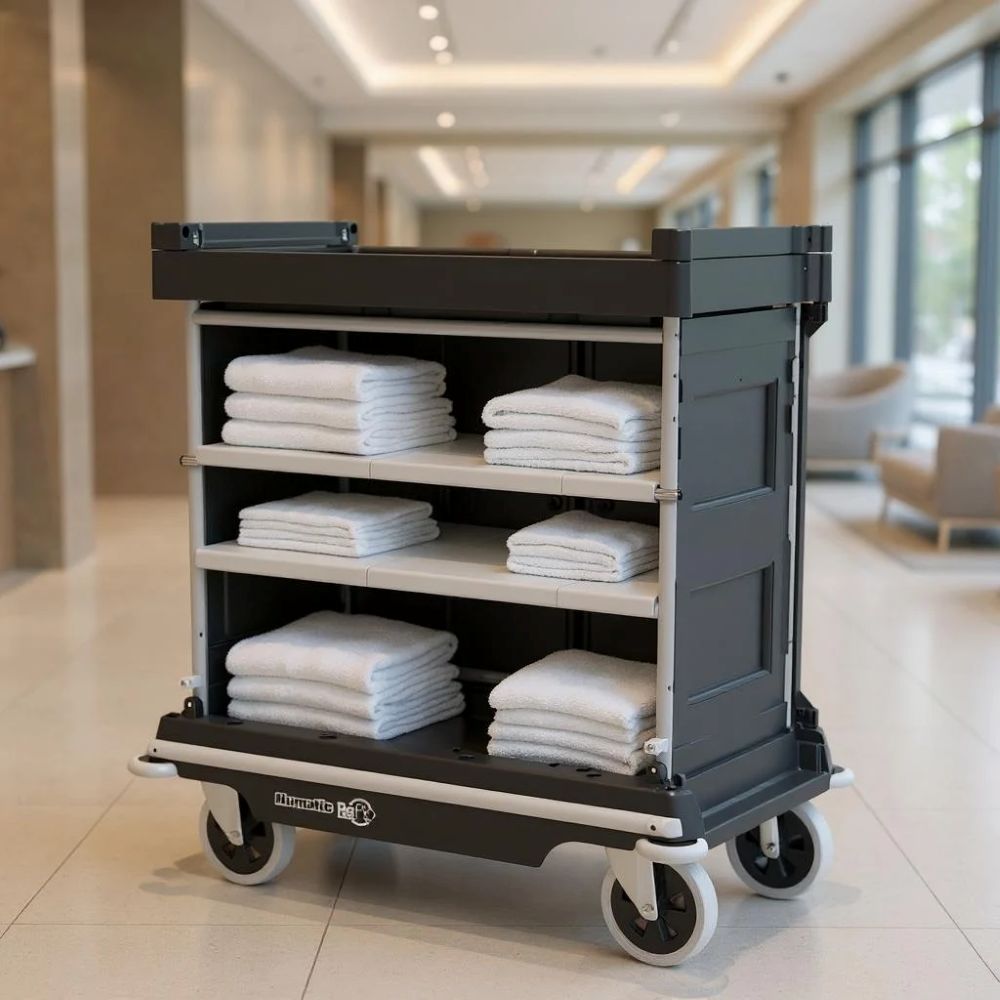 Wózek hotelowy na pościel Numatic NKU 30 RFF w lobby hotelowym