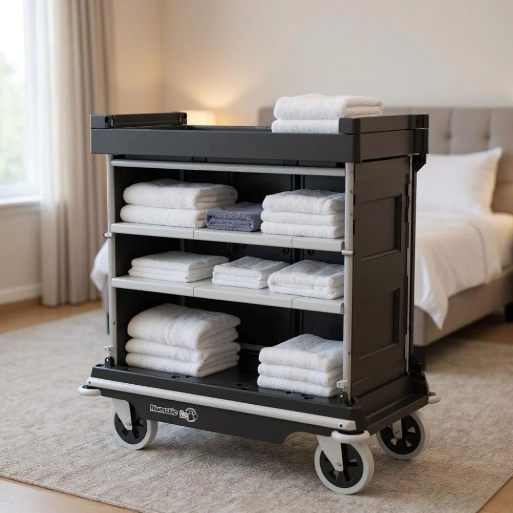 Wózek hotelowy na pościel Numatic NKU 30 RFF w pokoju hotelowym