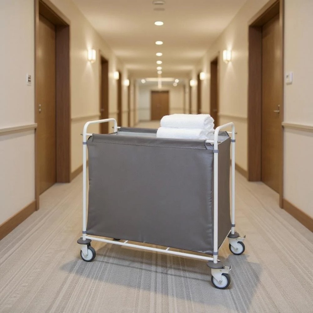 Wózek hotelowy pościelowy Euro Madera 200 l na korytarzu w hotelu